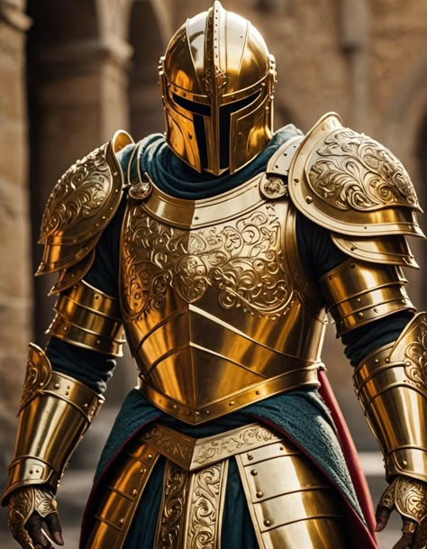 Golden Armour Fantasy Art, Gold Armor Concept Art, Gold Armor Art, Women In Armor, Templar Knight Tattoo, Gold Armour, Paladin Armor, Gold Knight, Knight Armour