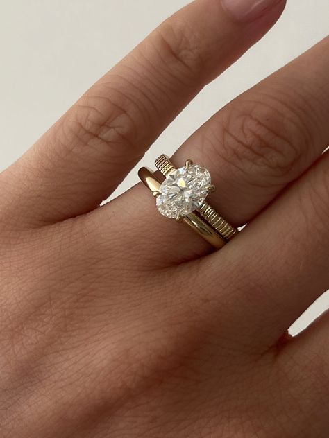 2mm Band Engagement Ring, Ring Stacking Ideas Wedding Bands Gold, Oval With Wedding Band, Gold Wedding Band Oval Diamond, Oval Engagement Ring Thick Wedding Band, 2 Wedding Bands With Engagement Ring, Thick Banded Engagement Ring, 2 Carat Oval Engagement Ring Gold With Wedding Band, Oval Ring Stack Wedding