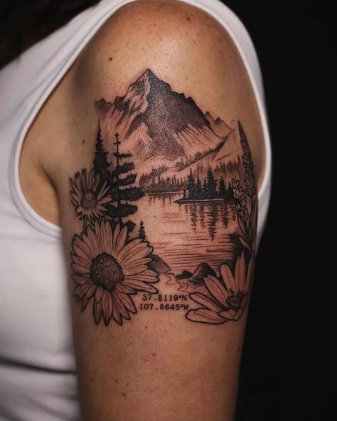 Mountain Tattoo Women Arm, Western Women’s Sleeve Tattoos, Tattoos For Women Cover Up, Western Wolf Tattoo, Forearm Nature Tattoos For Women, Women Tattoo Stencil Designs, Women’s Outer Bicep Tattoo, Sunflower Mountain Tattoo, Hiking Trail Tattoo