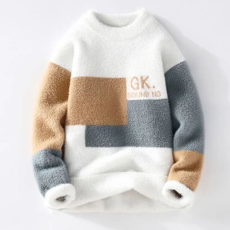 Male Jumper, Sweaters Men, Geometric Sleeve, Patchwork Sweater, Thick Sweater, Trendy Sweaters, Thick Sweaters, Men's Korean Style, Sweater Men