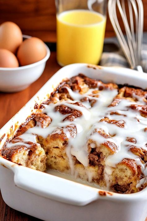 Indulge in the ultimate breakfast treat with this decadent cinnamon roll French toast casserole. Made with layers of fluffy cinnamon rolls soaked in a rich custard mixture and baked to perfection, this dish is perfect for lazy weekend mornings or special occasions. The warm flavors of cinnamon and vanilla will fill your kitchen as it bakes, making everyone eager to dig in. French Toast Cinnamon Roll Casserole, French Toast Cassarole, Diy French Toast, Cinnamon French Toast Casserole, Cinnamon Roll French Toast Casserole, Cinnamon Roll French Toast Bake, Cinnamon French Toast Bake, Fluffy French Toast, Cinnamon Roll French