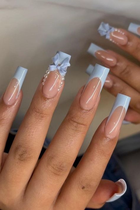 Spring Coquette Nails, Blue Bow Nails, Blue Coquette Nails, Cold Nails, Nail Ideas Gel, Nails With Bows, Nail Inspo Acrylic, Cut Dog Nails, Nails With Blue