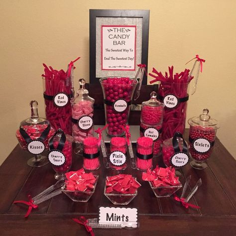 Red And Black Sweets Table, Red Candy Bar Ideas, 50th Candy Table Ideas, Red And Black Candy Bar, Red And Black Grad Party Ideas, Red Candy Table Ideas, Red Black And White Party Ideas, Red Candy Table, Black And Red Graduation Party Ideas