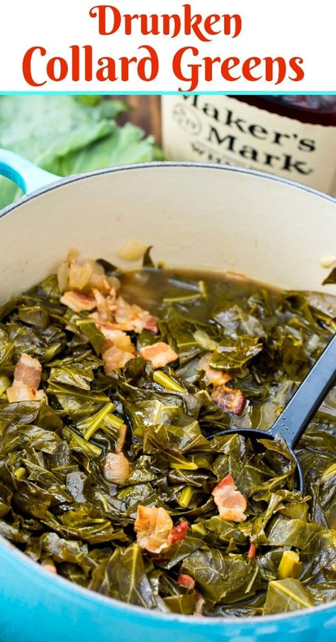 Drunken Collard Greens with bourbon #southern Collard Greens Recipe With Bacon, Crockpot Collard Greens, Easy Collard Greens Recipe, Greens Recipe Soul Food, Collard Greens With Bacon, Southern Style Collard Greens, Southern Collard Greens, Collard Greens Recipe, Southern Recipes Soul Food