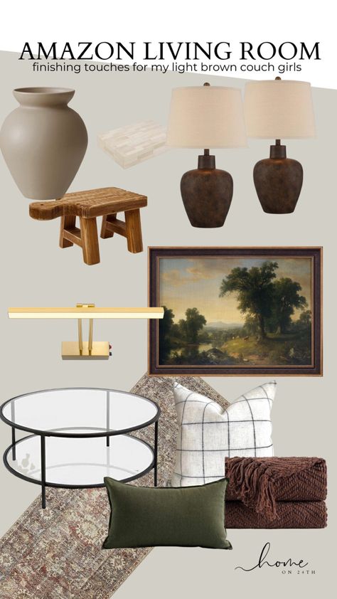 For my (light) brown couch babes 🤎 . Modern decor for your brown couch living room! I have several of these pieces in my living room and I’m hoping to add the rest soon! . Wooden plant stand Large floor vase Brown faux clay lamps Pottery barn dupes Gold art light Glass coffee table Affordable pillow covers Fall living room decor Follow my shop @homeon24th on the @shop.LTK app to shop this post and get my exclusive app-only content! #liketkit #LTKSeasonal #LTKunder100 #LTKhome @shop.ltk https Brown Couch Green Chair, Brown Sectional With Coffee Table, Living Room Rug With Brown Sectional, Brown Sectional Rug, Brown And Green Living Room Earth Tones Area Rugs, Chocolate Couch, Light Brown Couch, Chocolate Brown Couch, Couches Living