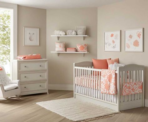 10+ Warm Beige and Coral Infant Decorating Room Ideas for Cozy Ambiance • 333+ Inspiring Lifestyle Ideas Decorating Room Ideas, Soothing Nursery, Coral Accent Walls, Coral Curtains, Beige Wall Colors, Coral Area Rug, Coral Bedding, Inspiring Lifestyle, Decorating Room