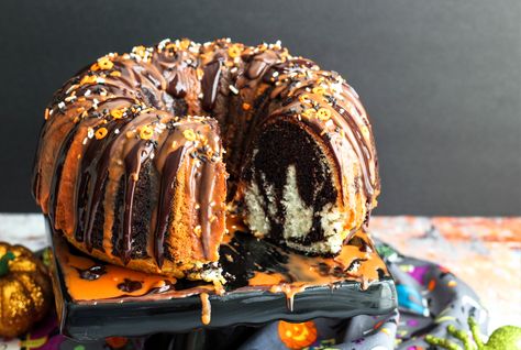 #justapinchrecipes Halloween Bundt Cake, Best Coconut Cake Recipe, Holiday Cake Recipes, Bundt Cake Recipes, Orange Bundt Cake, Spooky Cake, Halloween Food Desserts, Chocolate Pound Cake, Halloween Food Treats