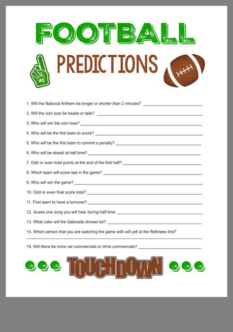 Superbowl Activities, Super Bowl Props, Super Bowl Trivia, Super Bowl Activities, Super Bowl Drinks, Super Bowl Predictions, Football Trivia, Superbowl Party Games, Superbowl Food