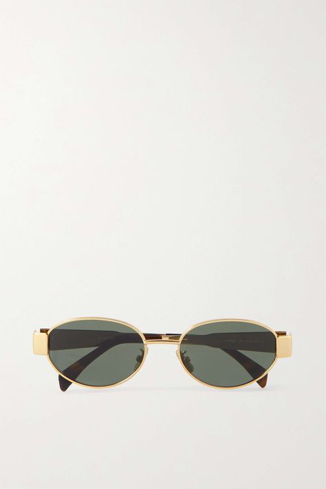 CELINE Eyewear's sunglasses have a timeless oval silhouette. Fitted with green lenses, they're made from gleaming gold-tone metal contrasted by tortoiseshell acetate temple tips and have the logo embossed on the arms. Formal Sunglasses, Sunglasses Gold Frame, Luxury Elegant Tan Sunglasses, Sunglasses 2024, Celine Triomphe Sunglasses Gold, Sunglasses Oval, Sunglasses Celine, Net A Porter Sunglasses, Celine Oval Sunglasses