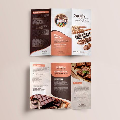 Outdoor Landscape Design, Chocolate House, Dark Chocolate Color, Brochure Design Layout, Recipe Book Diy, Trifold Brochure Design, Marketing Brochure, Catering Desserts, Candy Companies