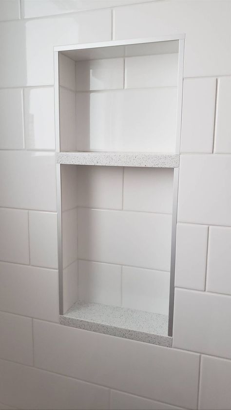 Shower Niche Glass Shelves, Schluter Shower Niche, Quartz Shower Niche, Niche With Schluter, Shower Cubby Ideas, Schluter Niche, Quartz Shelf, Bathroom Niche, Interior Tiles