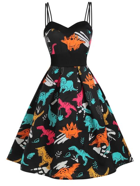 DressLily.com: Photo Gallery - Dinosaur Print Dual Strap Dress Outfit 50s, Outfit 80s, Spaghetti Strap Dress Summer, Vestidos Pin Up, Vintage Dresses Cheap, Dinosaur Dress, Outfit Grunge, Outfit Hombre, Pin Up Vintage