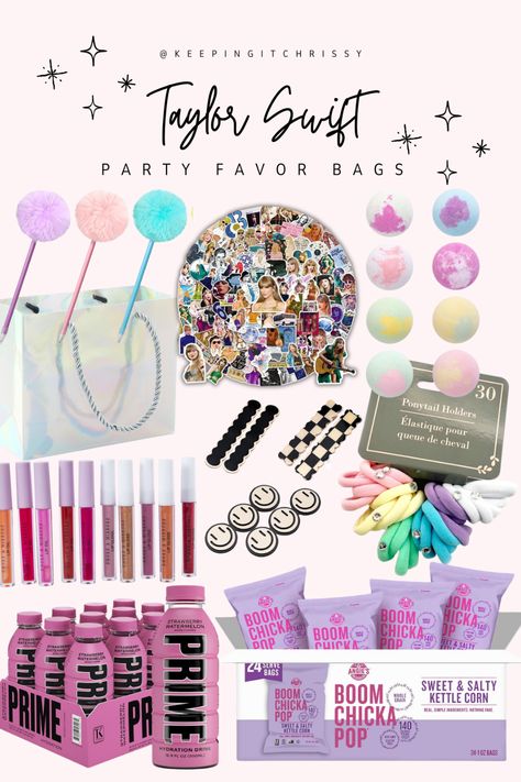 My daughter's Taylor Swift party was SO much fun to plan and we had even more fun celebrating. My favorite part of party planning is sourcing items for party favor bags. Some tips I have: I like to look for sets of items that can be broken up. I also like to include a snack and drink and I love including useful items that guests will actually use - like pens! Taylor Swift Goody Bag Ideas, Eras Tour Goodie Bag, Taylor Swift Goody Bag, Taylor Swift Birthday Favors, Taylor Swift Favors, Taylor Swift Themed Party Favors, Taylor Swift Party Goodie Bags, Taylor Swift Movie Party, Taylor Swift Party Favor Ideas