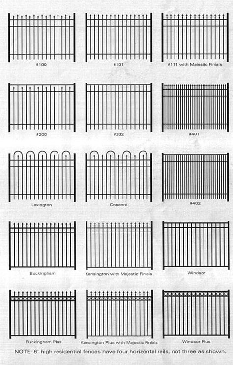 Wrought iron fencing - instead of varying the height on the top which makes it look like spikes, turn it upside down to create varying heights on the bottom. - create gaps in the center to create negative space that makes the poles look floating Wooden Door Ideas, Rod Iron Fences, Wrought Iron Fencing, Iron Fencing, Glass Fence, Rod Iron, Front Fence, Horizontal Fence, Types Of Fences