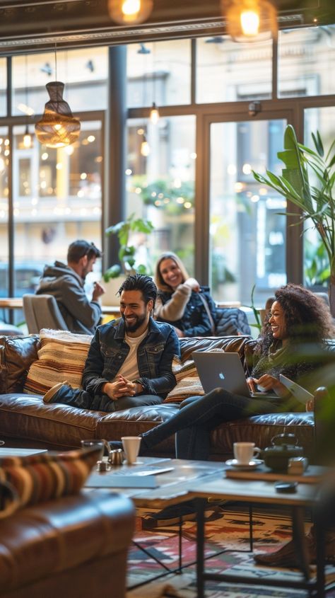 #Cozy Cafe Gathering: #Smiling #friends enjoying a casual meeting in a #cozy, stylish #cafe with warm and inviting ambiance. #socializing #laughter #coffee #aiart #aiphoto #stockcake ⬇️ Download and 📝 Prompt 👉 https://stockcake.com/i/cozy-cafe-gathering_763254_1012307 Cozy Cafe Sofa, Coffee Shop Friends, Cozy Coffee Shop Aesthetic, Cozy Cafe Aesthetic, Coffee Gathering, Paris Coffee Shop, Community Cafe, Cafe Owner, Friends Cafe