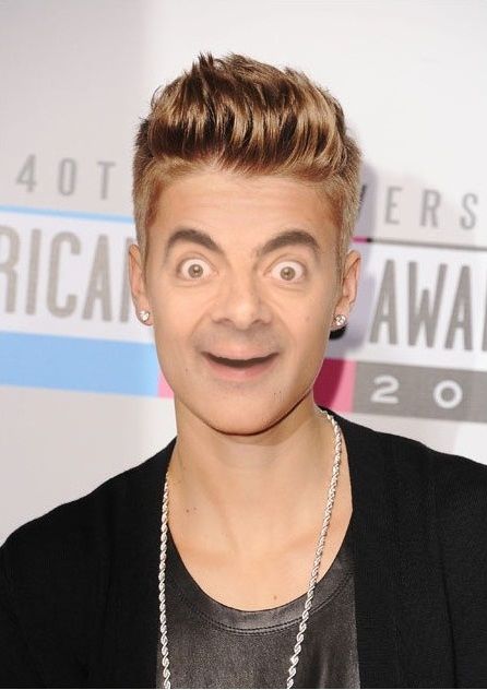 Justin Bieber Bean Midterms Humor, Mr Bean Photoshop, Funny Couple Photos, Mr Bean Funny, Funny Photoshop Pictures, Rowan Atkinson, Face Swap, Funny Photoshop, Funny Caricatures