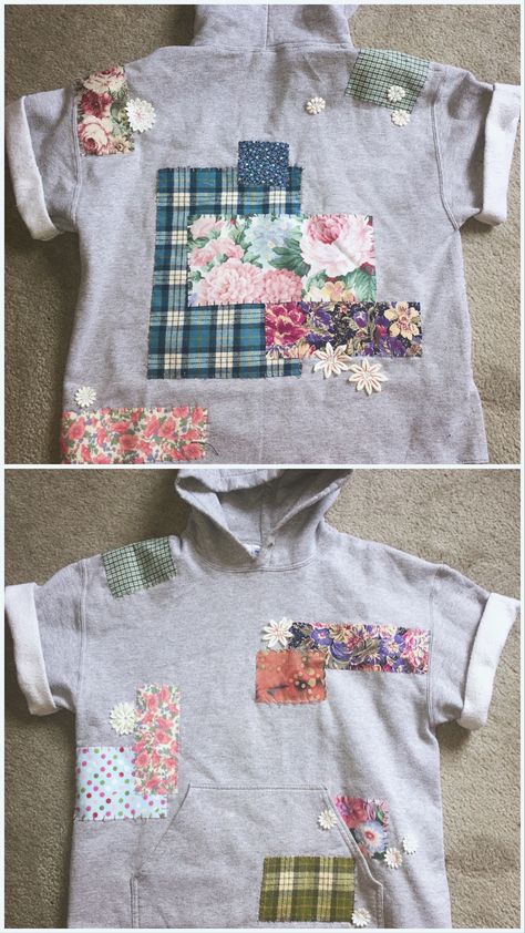 Patchwork Shirts Women Diy, Sweatshirt Recycle Diy, Upcycle Clothes Men Ideas, Sweatshirt Embellishment Ideas, Patch Clothes Diy, Sweatshirt Diy Refashioning, Patchwork T Shirt Diy, Sweatshirts With Patches, Old Sweatshirt Ideas