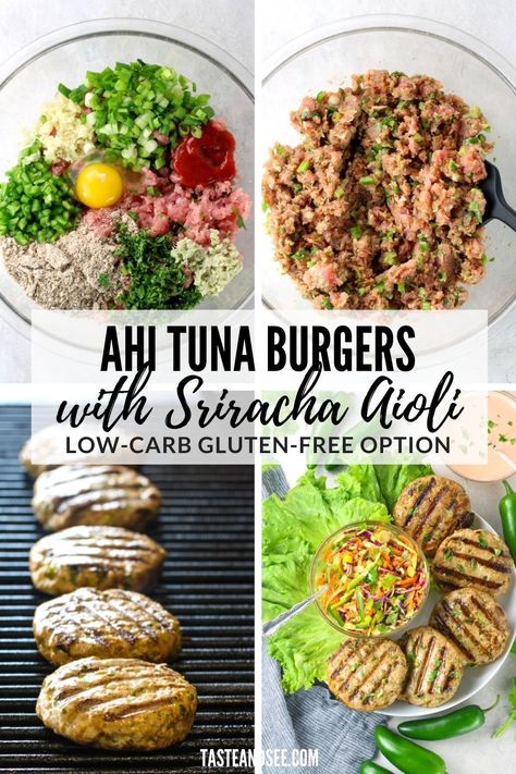 Ahi Tuna Ideas, Fresh Tuna Recipes Grilled, Ahi Tuna Burger Recipes, Fresh Tuna Burger Recipes, Tuna Steak Burgers, Tuna Burger Recipes, Ahi Burger, Grilled Ahi Tuna Recipe, Ahi Tuna Recipes