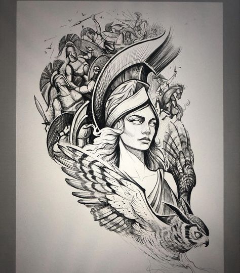 Woman Warrior Tattoo Goddesses, Tattoos Goddesses, Athena Goddess Tattoo, Woman Warrior Tattoo, Greek Goddesses Drawing, Tattoo Goddesses, Upper Half Sleeve Tattoos, Greek Goddess Tattoo, Greece Tattoo