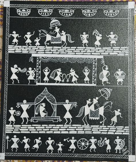 Warli Art Black And White, Aariwork Drawing, Varli Painting Art, Gandhiji Sketch, Warli Arts, Warli Art Painting, Nokshi Katha, Warli Paintings, Worli Painting