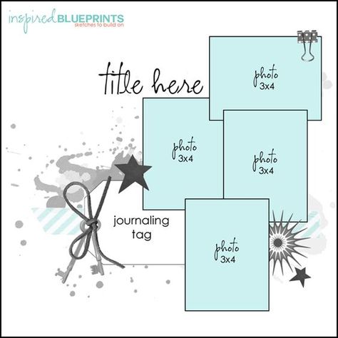 12X12 Scrapbook Sketch. 4 (3X4) Photos. Room for a Title, Journaling (journaling tag) and Embellishments, plus background decoration (paint splatter etc). Scrapbook Sketches 12x12, Scrapbook Pictures, Scrapbook Layout Sketches, Scrapbook Templates, Photo Sketch, Wedding Scrapbook, Photo Layouts, Sketch Inspiration, Scrapbook Sketches