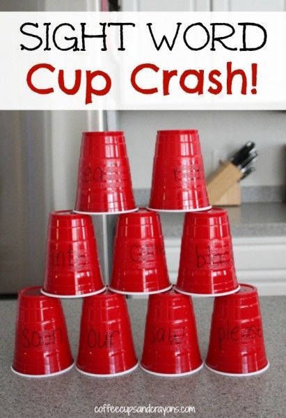 Gross Motor Sight Word Game: Cup Crash!  Read each word on the cup and then stack them up to make a tower.  Then take a ball and knock it down! Kindergarten Sight Word Games, Sight Word Fun, Teaching Sight Words, Tricky Words, Reading Games, Sight Words Kindergarten, Sight Word Practice, Site Words, Sight Word Activities