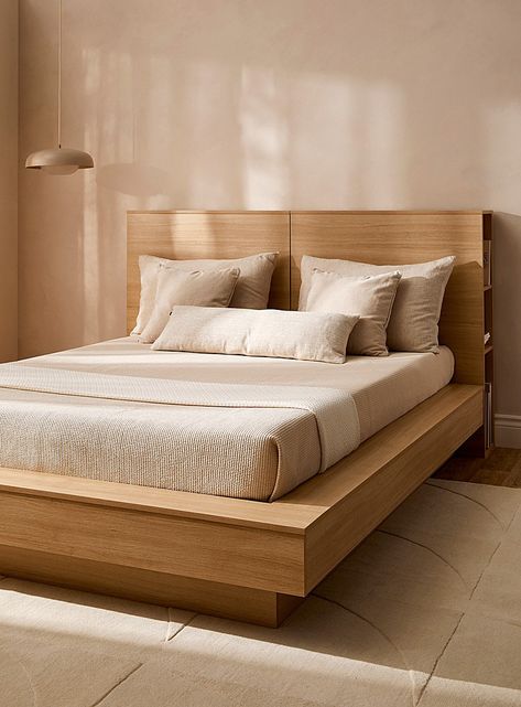 Bed Frame High Off Ground, Aesthetic Queen Size Bed, Bedroom Inspo Wooden Bed, Headboards For Beds Wood, Bed With Rug, Wood Bed Frame Aesthetic, Wood Bed Decor, Cozy Bed Frame, Wood Aesthetic Bedroom