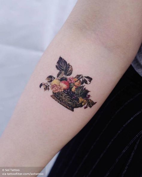 Still life tattoo, original work by Caravaggio (1571-1610) Carravagio Tattoo, Caravaggio Tattoo, Still Life Tattoo, Nature Still Life, Courage Tattoos, Painting Tattoos, Modern Art Tattoos, Basket Of Fruit, Colour Tattoo