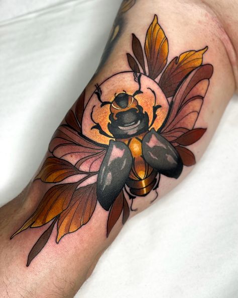 Colorful Neo traditional tattoo of a bug and leaves. Tattoo is located on the arm Neo Traditional Leaves, Neo Traditional, Traditional Tattoo, Girly Things, Mood Board, Instagram Photos, Tattoos, Photo And Video, Instagram Photo