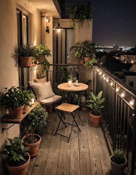 Easy Balcony Ideas On A Budget, Mini Balcony Ideas, High Rise Apartment Decor, Home Decor Ideas Aesthetic, Balcony Lighting Ideas, Home Decor Ideas Apartment, Balcon Mic, Balkon Decor, Small Balcony Garden