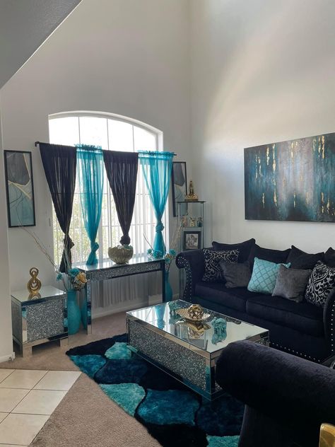 Turquoise Black And White Living Room, Teal Aesthetic Living Rooms, Teal And Silver Living Room, Turquoise And Black Living Room, Black And Blue Living Room, Black And Grey Living Room, Black And Silver Living Room, Aqua Living Room, Purple Living Room Ideas