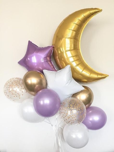 Bbq Baby Shower Decorations, Lilac Baby Shower, Moon Baby Shower Theme, Lavender Baby Showers, Galaxy Party, Lavender Moon, Star Balloons, Baby Shower Purple, Moon Baby Shower