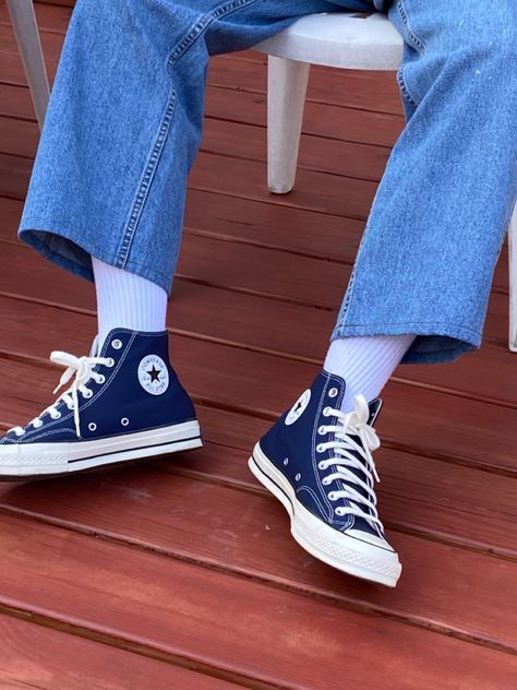 Navy High Top Converse Outfit, Navy Converse Outfit, Converse 70s, Navy Converse, Converse Outfit, High Tops Sneakers, Outfits With Converse, Chuck 70, Blue Outfit