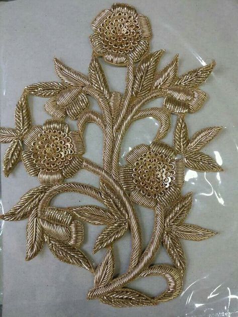 Zardosi Flower, Embroidery Cards Pattern, Latest Bridal Lehenga Designs, Gold Work Embroidery, Hand Work Design, Birds Embroidery Designs, Zardozi Embroidery, Dresses Traditional, Embroidery Cards