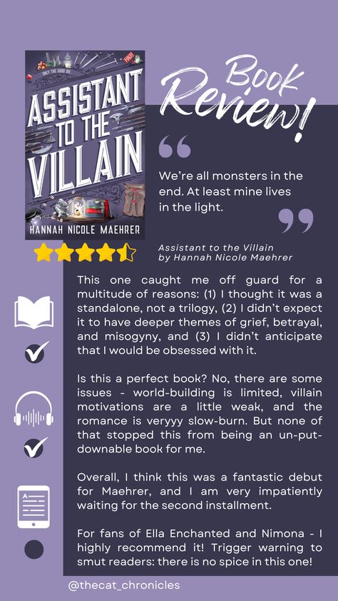 📚Book Review📚 insta: @thecat_chronicles Title: Assistant to the Villain Author: Hannah Nicole Maehrer Rating: ⭐⭐⭐⭐.5 / 5 Apprentice To The Villain, Assistant To The Villain Fanart, Assistant To The Villain, Bookish Party, Productive Era, Bible Jokes, Impatiently Waiting, Teen Books, Romance Books Worth Reading