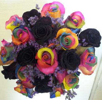 Black And Rainbow Wedding, Poly Wedding, Black Rose Bouquet, Rainbow Wedding Cake, Rainbow Bouquet, Fake Flower Bouquet, Colorful Things, Flower Bouquet Diy, Beautiful Flowers Photography