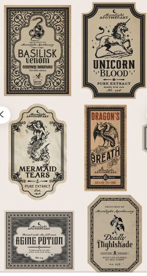 Apothecary Potion Labels, Labels For Potion Bottles, Potion Bottles Harry Potter, Harry Potter Potions Printables, Potion Book Aesthetic, Harry Potter Vintage Stickers, Witchy Scrapbook Printables, Hogwarts Scrapbook Ideas, Witch Potion Labels