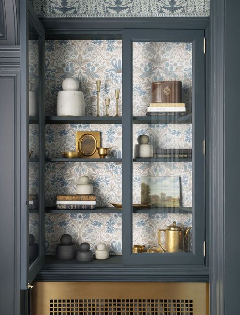 a glass cabinet with many objects in it Timeless Entryway, Pimpernel Wallpaper, Mint Green Room, Green Room Design, Hvac Cover, Caitlin Wilson Design, Small Sitting Area, China Cupboard, Conservatory Design