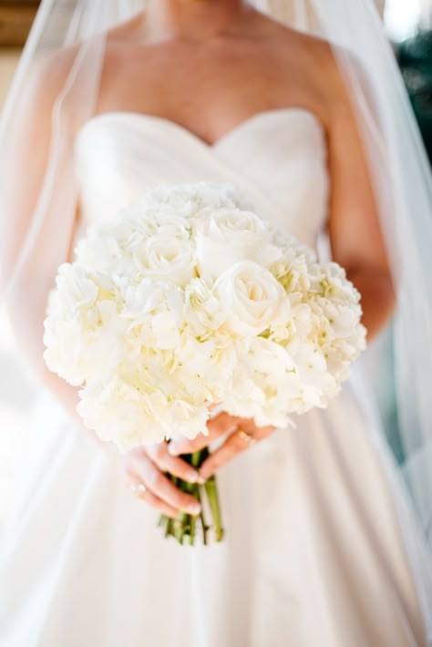 Classic all white wedding bouquet with white roses and hydrangeas. Traditional Bouquet Wedding, White Rose And White Hydrangea Bouquet, White Rose Hydrangea Bouquet, White Rose And Hydrangea Bouquet, Hydrangea Table Arrangements, Roses And Hydrangea Bouquet, Round Wedding Bouquets, Hydrangea And Rose Bouquet, White Roses And Hydrangeas