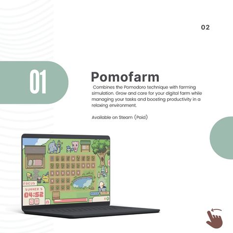 Turn your productivity into a cozy experience with these delightful games! 🌟 1. Pomofarm: Combines the Pomodoro technique with farming simulation, letting you grow and care for a digital farm while managing tasks. It’s perfect for staying productive in a relaxing environment. Available on Steam (Paid). 2. Habit Rabbit:This cute app gamifies habit-building. Help your virtual rabbit grow by completing tasks, making habit tracking fun and engaging. Available on iOS & Android (Free). 3. Cozy T... Romanticise School, Productivity Ideas, Ipad Journal, The Pomodoro Technique, Staying Productive, Habit Building, Games App, Notion Aesthetic, Ipad Essentials