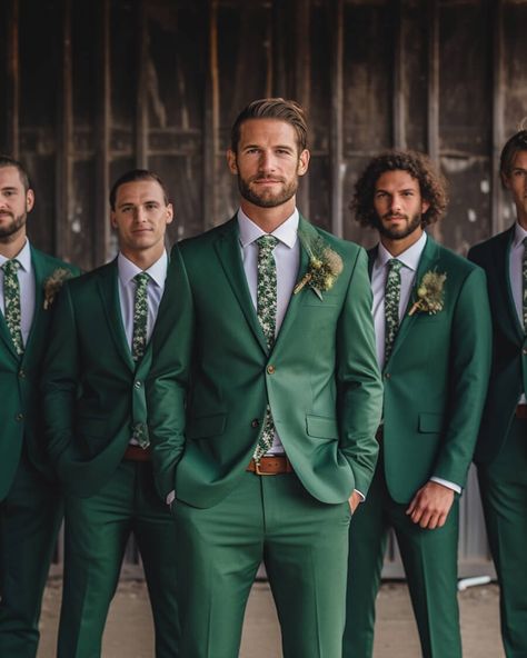 A stylish choice that brings a refreshing and vibrant touch to any wedding. The green color adds a unique and eye-catching element to the wedding party. Whether it's a classic or contemporary celebration, the versatility of green allows for endless possibilities in creating a cohesive and fashionable look. With a green groomsmen suit, you'll stand out with confidence and make a memorable impression on your special day. Green Mens Suit, Mens Suit For Wedding, Green Groomsmen, Green Suits, Forest Green Wedding, Green Wedding Suit, Suit For Wedding, Mens Wedding Suits, Green Suit