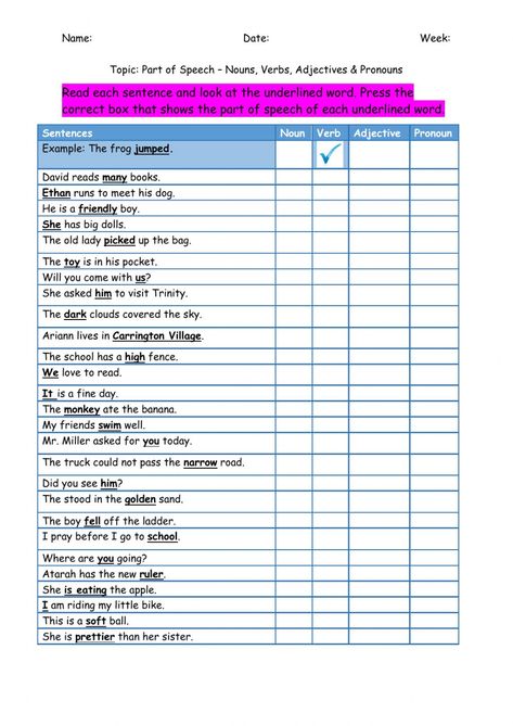 Worksheet On Parts Of Speech, Part Of Speech Grammar Worksheet, Part Of Speech Worksheet, Parts Of Speech Exercises, Parts Of Speech Worksheet, Speech Exercises, Esl Worksheets For Beginners, 5th Grade Curriculum, Action Verbs Worksheet