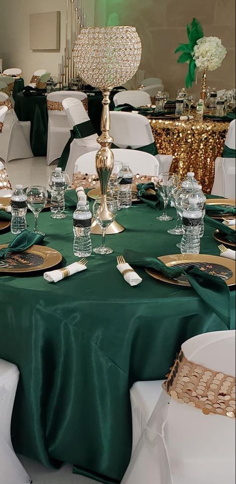 Sweet 16 Party Ideas Themes Emerald Green, Emerald And Gold Quince Decorations, Quinceanera Table Decorations Green, Sweet 16 Party Emerald Green, Quince Decorations Gold And Green, Honey Gold Wedding Theme, Emerald Green 15 Dress With Gold, Quiencera Themes Emerald Green, Green And Gold 15 Theme