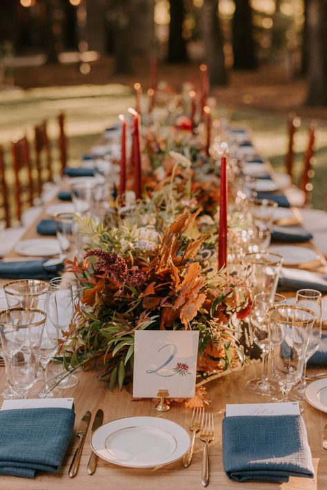 Colorful Head Table Wedding, Terracotta And Blue Tablescape, Fall And Blue Wedding, Rust Burgundy Blue Wedding, Navy Blue Rust And Burgundy Wedding, Muted Jewel Tones Wedding, Navy And Terracotta Wedding Colors, Fall Tone Wedding, Navy Blue Fall Wedding Centerpieces