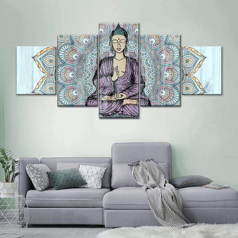 Buddha In Meditation Wooden Multi Panel Canvas Wall Art | ElephantStock Buddha Living Room Decor, Spiritual Decor Ideas Home, Scandinavian Design Interior, Zen Room Decor, Yoga Meditation Space, Yoga Room Design, Meditation Artwork, Meditation Wall Art, Home Yoga Room