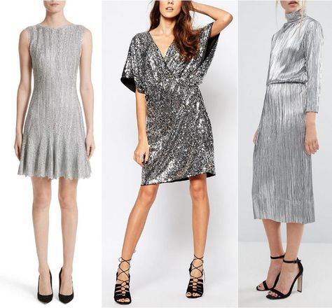 What Color Shoes to Wear with Silver Dress & Outfit Silver Evening Dress Long, Silver Dress What Color Shoes, Silver Dress Styling, Shoes For Grey Dress, Silver Dress Outfit Casual, Shoes For Silver Dress, Accessories For Silver Dress, Silver Formal Dress Short, Silver Combination Colour Dress