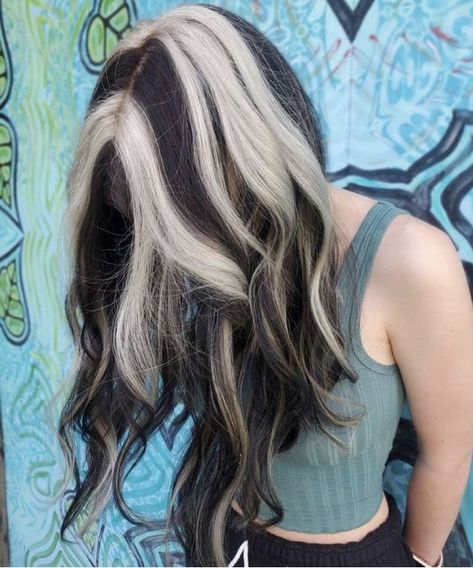 Brunette Hair With Chunky Blonde Highlights, Blonde Hair Brown Stripes, White Strands On Black Hair, Dark Brown And Blonde Hair Ideas, White Strands In Brown Hair, White Strands Hair, White Highlights Brown Hair, Brown Hair With White Streak, Skunk Hair Brown