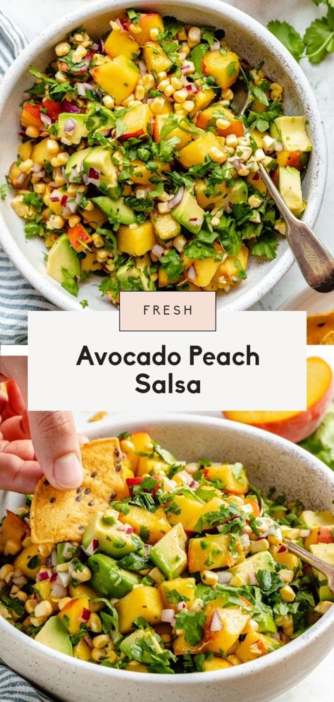 Shrimp And Peaches Recipes, Country Farm Landscape Ideas, Peach Fish Recipes, Peach Salsa Chicken, Savory Peach Recipes, Peach Appetizer, Peaches Recipes, Salmon Fish Tacos, Peach Salsa Recipe