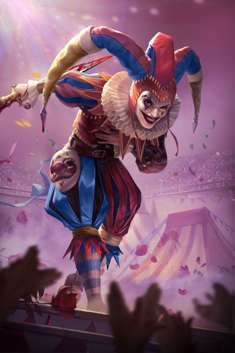 Rockstar Concept Art, Female Clown Art Anime, Scary Jester Art, Fantasy Clown Art, Space Clown Dnd, Clown Illustration Character Design, Evil Clown Art, Carnival Character Design, Fantasy Circus Art