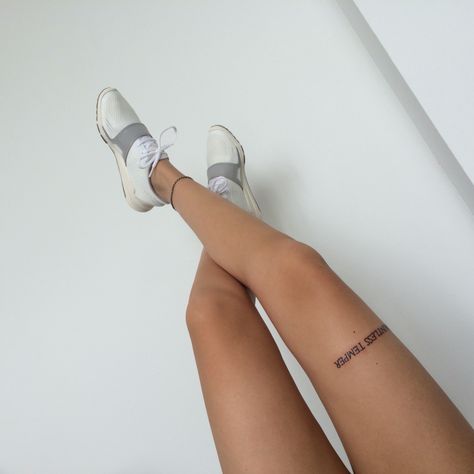 Leg Text Tattoo, Small Leg Tattoos Women, Small Thigh Tattoos, Small Girl Tattoos, Text Tattoo, Leg Tattoos Women, Pin Up Tattoos, Stylist Tattoos, Thigh Tattoos Women